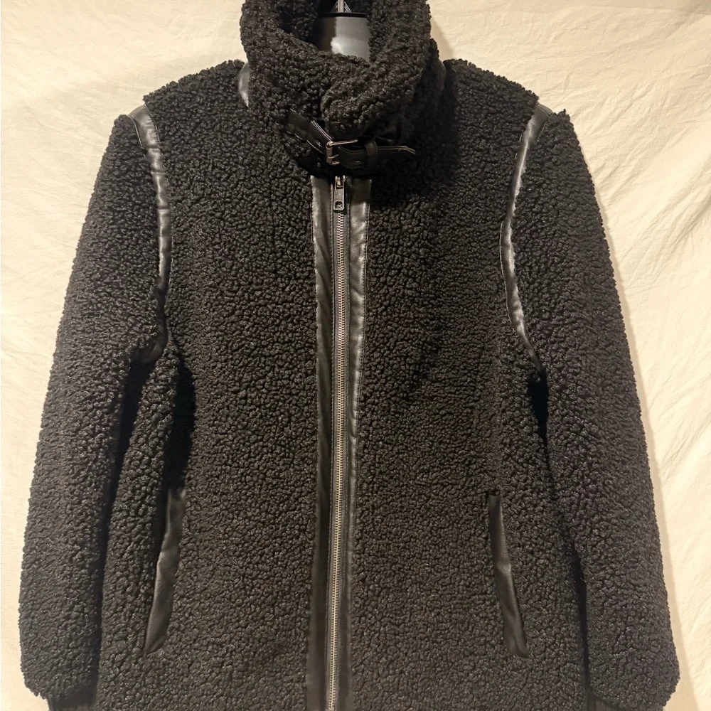 Women's Black Sherpa Jacket with Faux leather accents